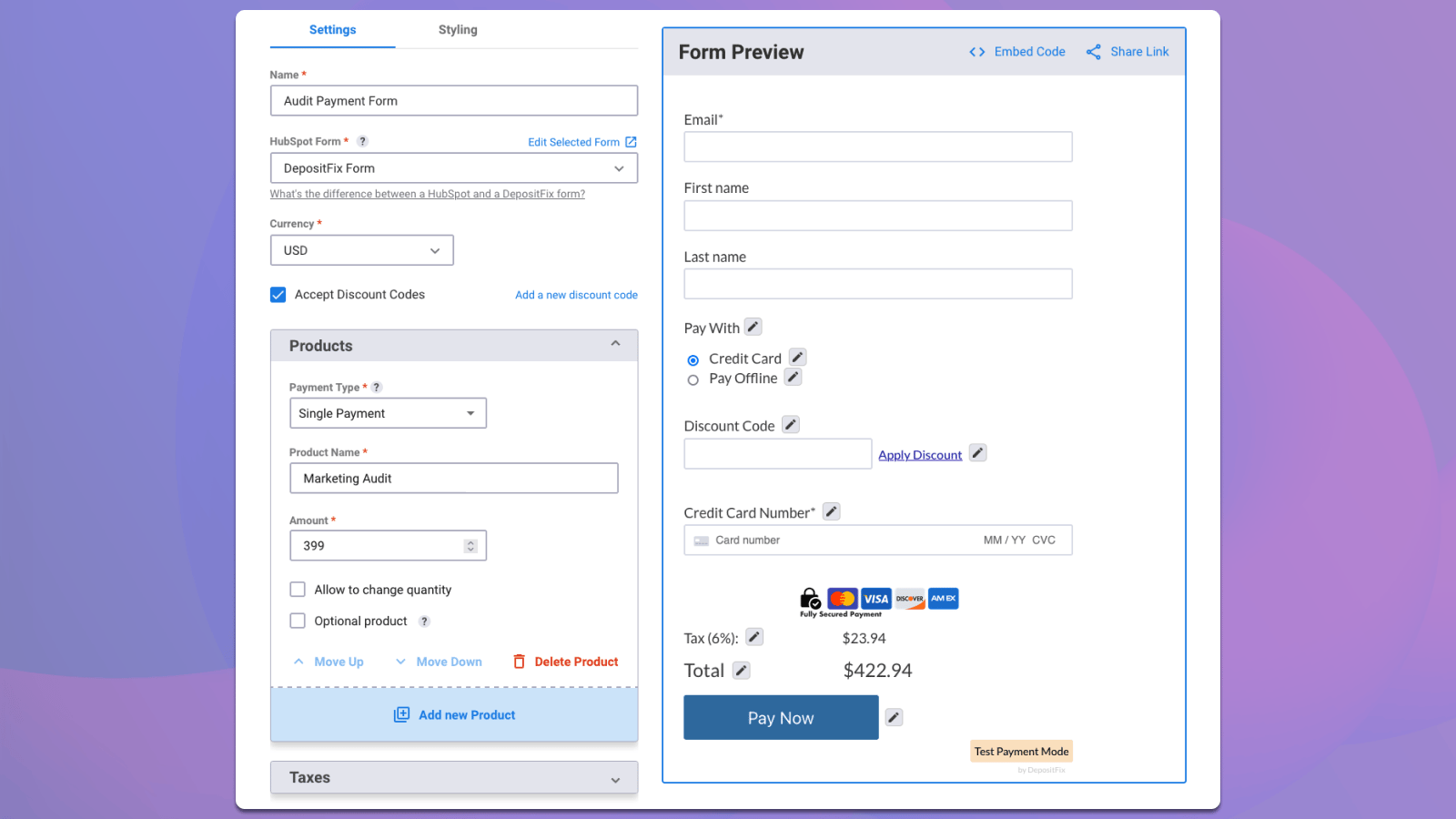DepositFix Form on Hubspot Integration
