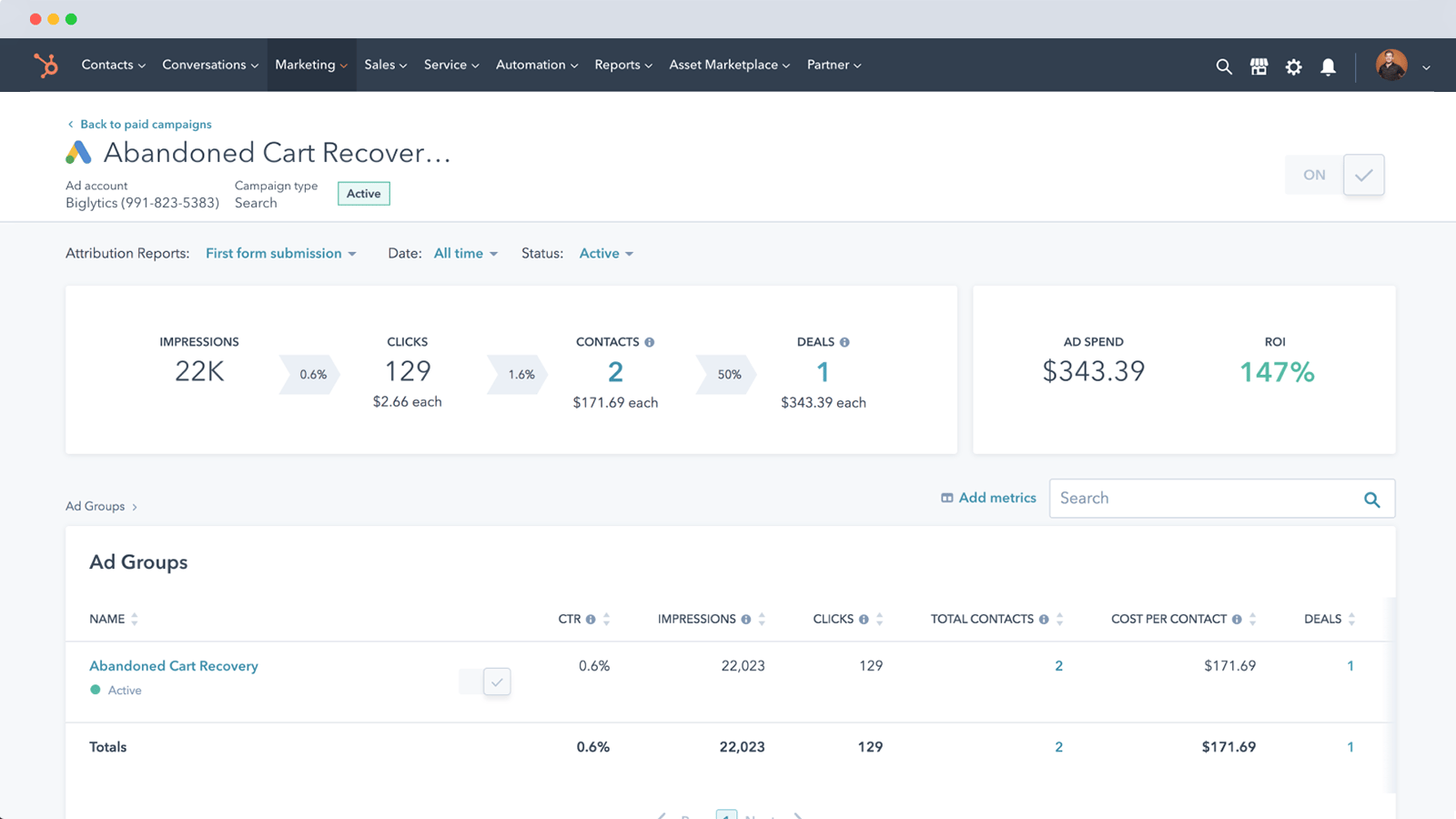 Marketing Dashboard WooCommerce and Hubspot
